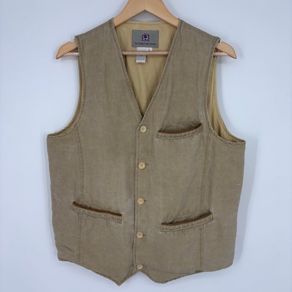 The Territory Ahead Linen Silk Blend Button Front Utility Vest Mens S Khaki Tan